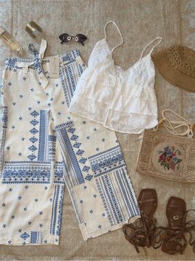 Joie White & Blue Printed Wide-Leg Pants with Tie Waist